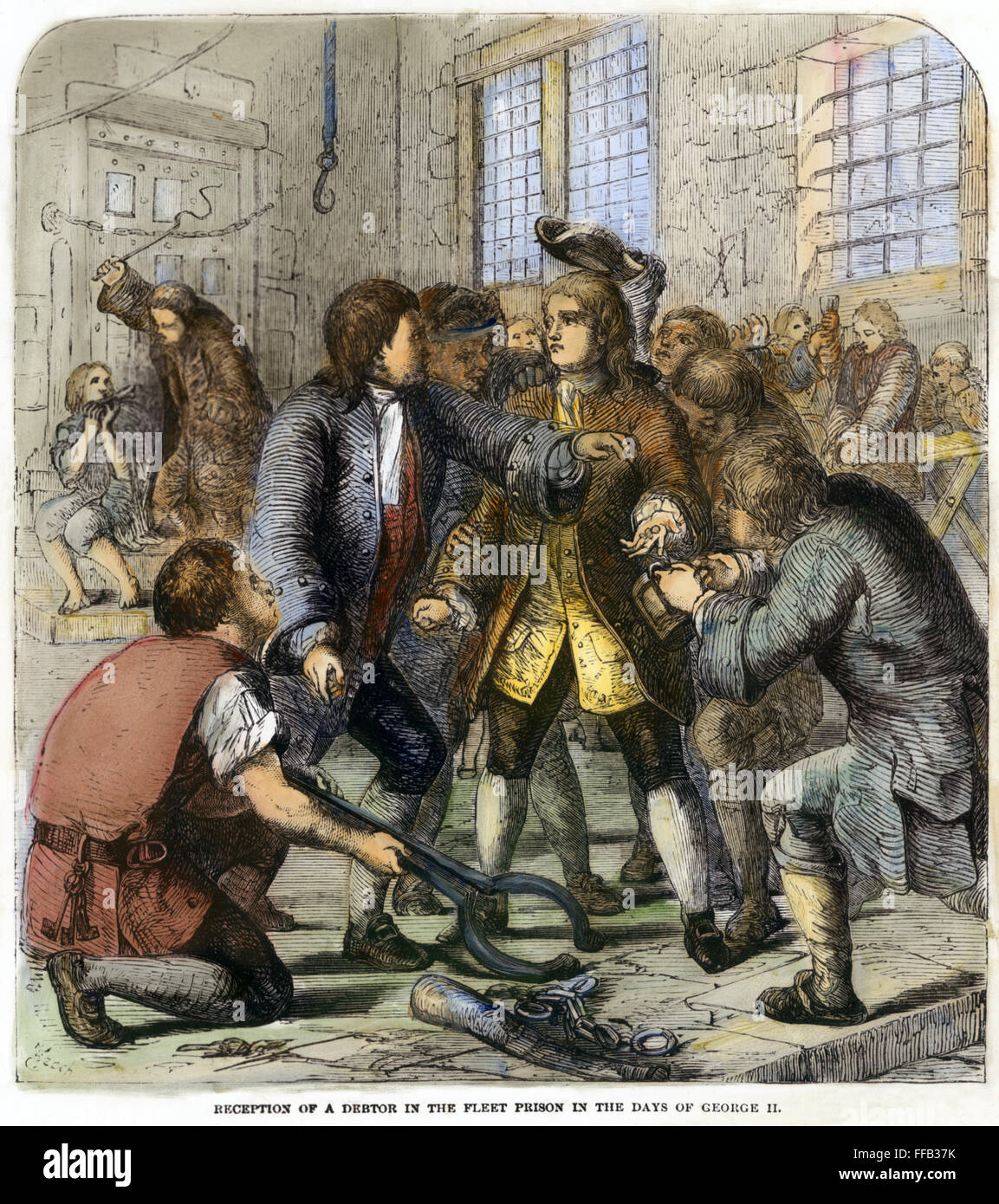 DEBTOR'S PRISON. /nReception of a debtor in the Fleet Prison in the days of George II, 18th century. Stock Photo