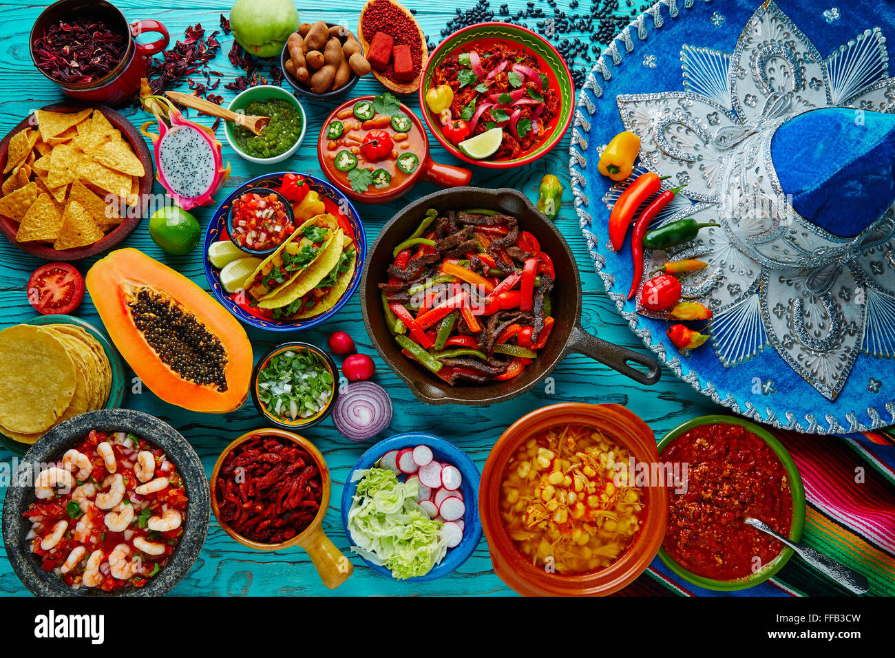 Mexican food mix colorful background Mexico and sombrero Stock Photo