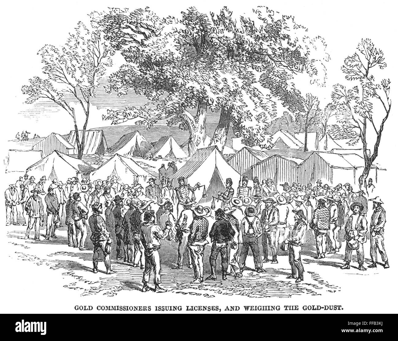 regnskyl miles Devise AUSTRALIAN GOLD RUSH, 1852. /nGold commissioners issuing licenses and  weighing the gold dust at Ballarat, Australia. Wood engraving from an English  newspaper of 1852 Stock Photo - Alamy