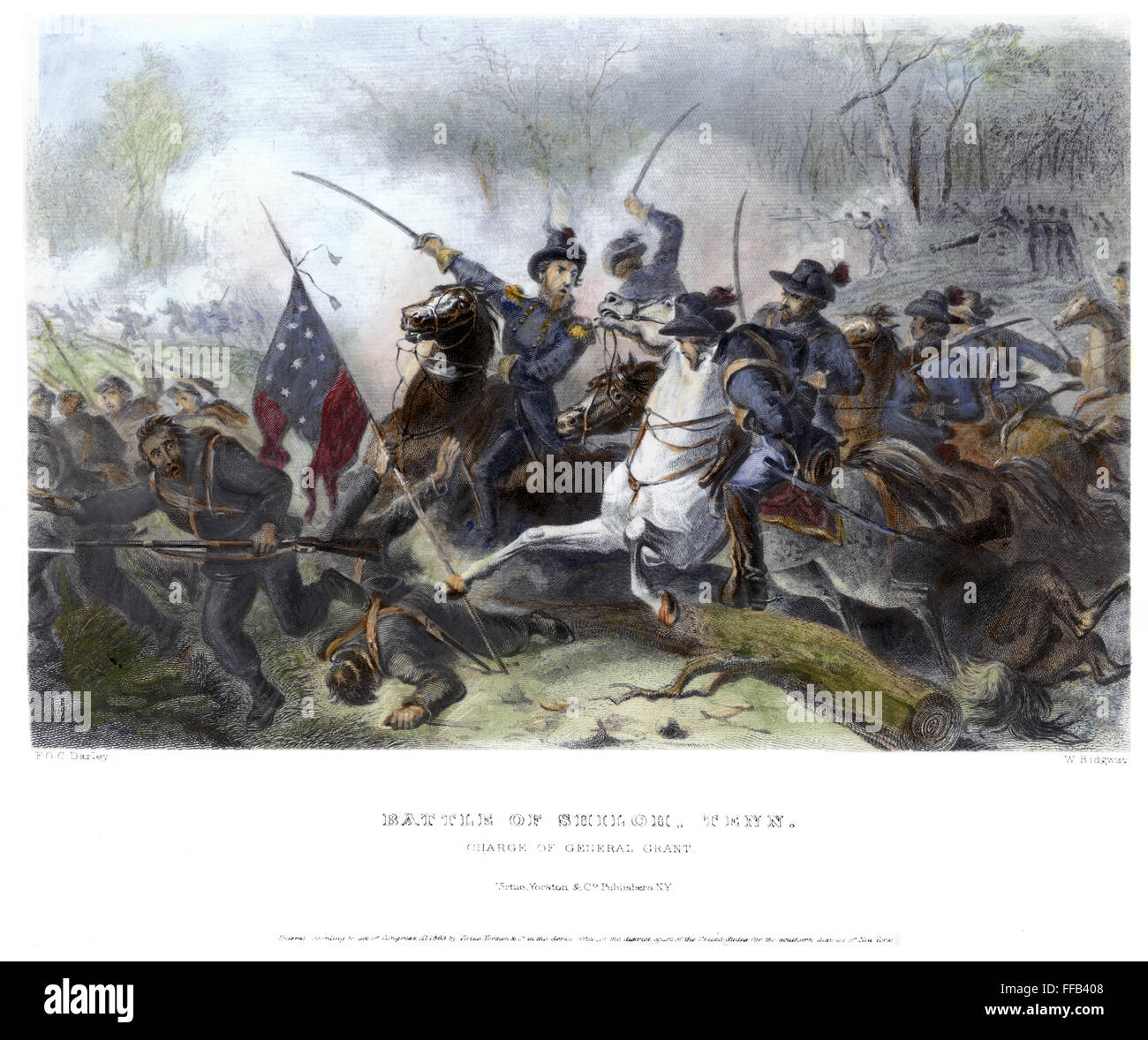 BATTLE OF SHILOH, 1862. /nGeneral Ulysses S. Grant leading Union forces at the Battle of Shiloh in Tennessee during the American Civil War, 6-7 April 1862. Steel engraving, 1863, after Felix O.C. Darley. Stock Photo