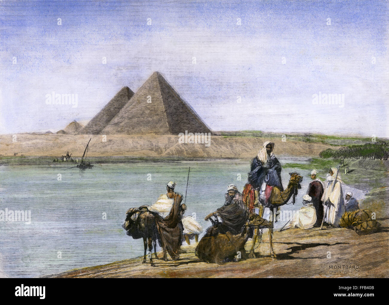 PYRAMIDS AT GIZA, 1882. /nThe pyramids at Giza, Egypt, during an inundation of the Nile River. Wood engraving, English, 1882. Stock Photo