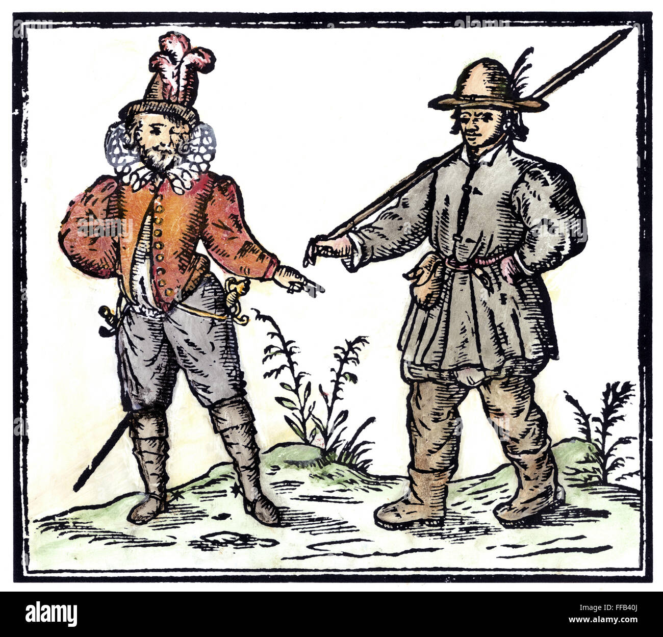 COURTIER AND COUNTRY MAN. /nWoodcut from Robert Greene's 'A Quip for an Upstart Courtier,' 1592. Stock Photo