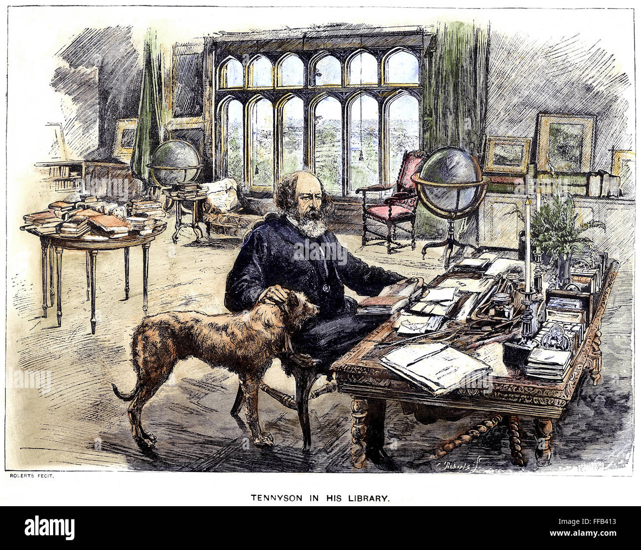 LORD ALFRED TENNYSON /n(1809-1892). 1st Baron Tennyson. English poet. Tennyson in his library with his dog. Colored engraving, 19th century. Stock Photo