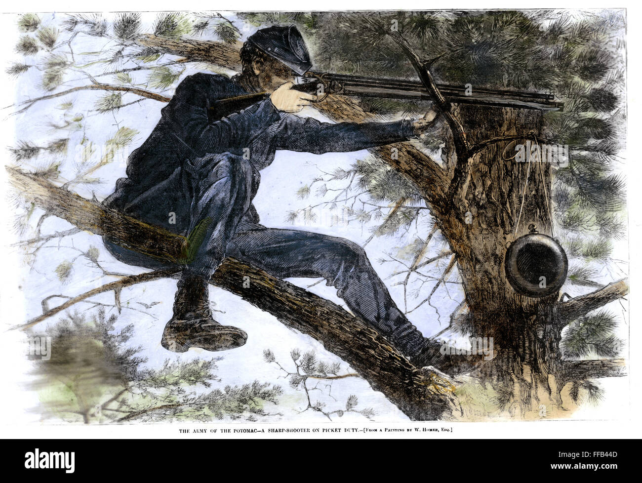 HOMER: CIVIL WAR, 1862. /nA Union sharpshooter on picket duty. Colored engraving, 1862, after a painting by Winslow Homer. Stock Photo