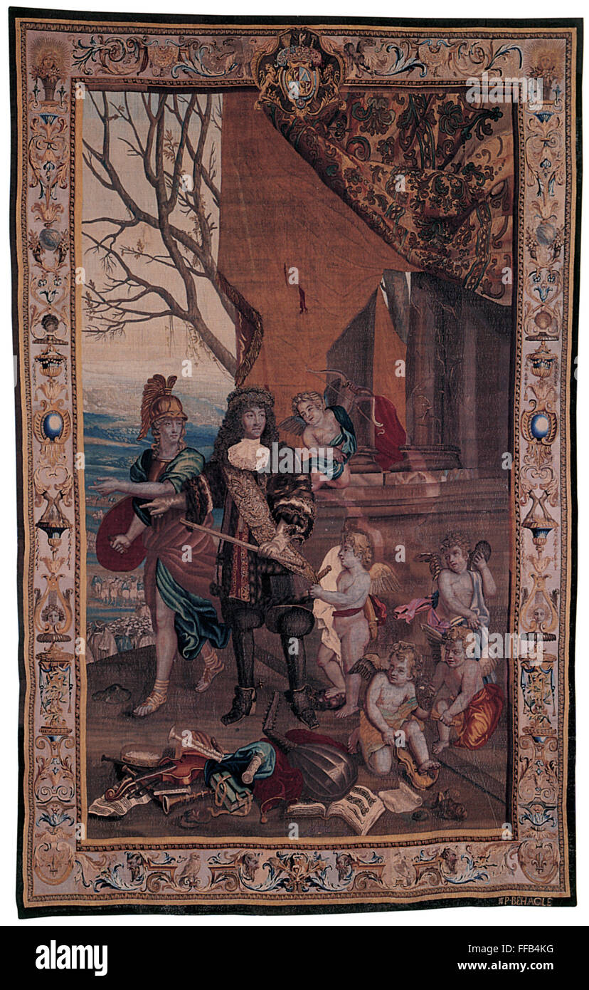 KING LOUIS XIV OF FRANCE /n(1638-1715). 'Louis XIV Departs for War.' French tapestry, c1684, from the series 'The Glorifiication of Louis XIV.' Minerva (the goddess of war) instructs Louis XIV to lead his troops into battle. Stock Photo