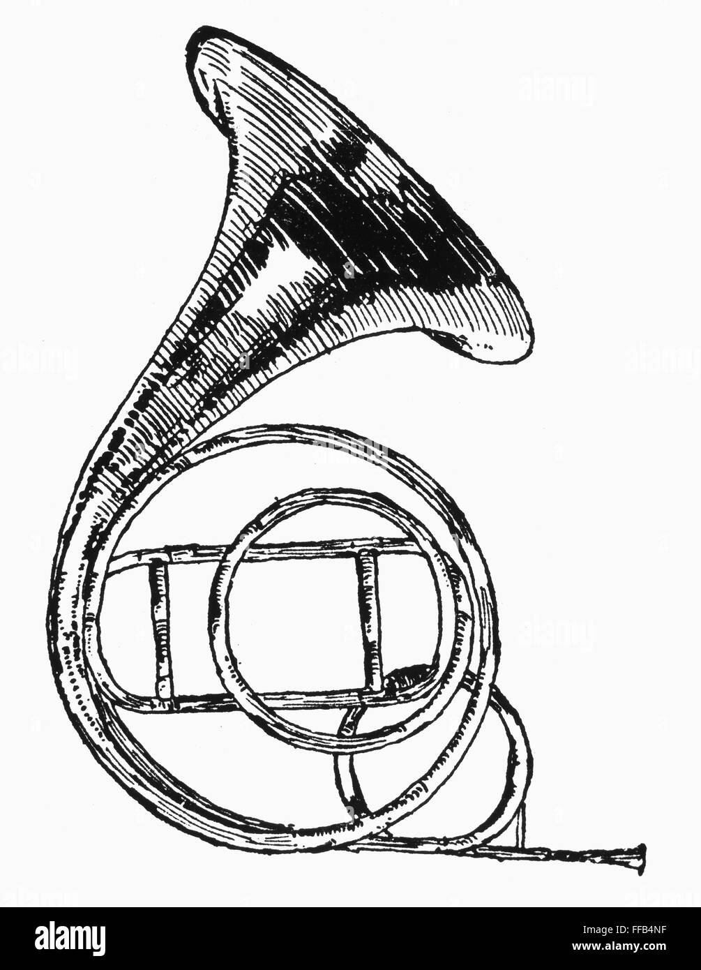 FRENCH HORN. /nA valveless French horn, or hand horn. Pen-and-ink ...