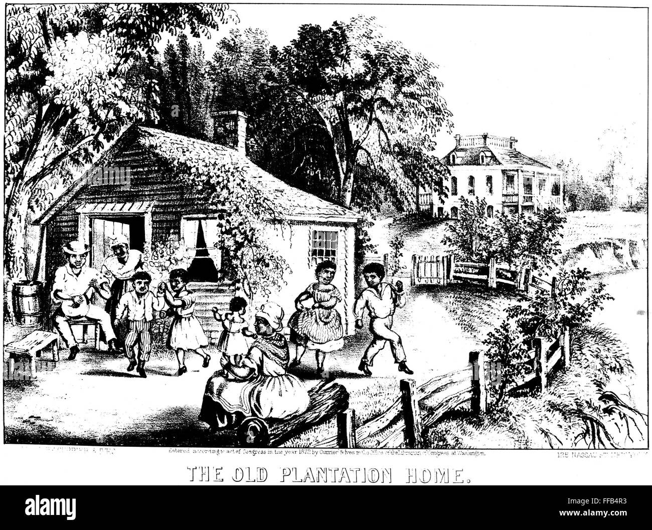 SLAVERY: PLANTATION LIFE. /n'The Old Plantation Home.' Lithograph by Currier and Ives, 1872, depicting slave life before the Civil War in the American South. Stock Photo