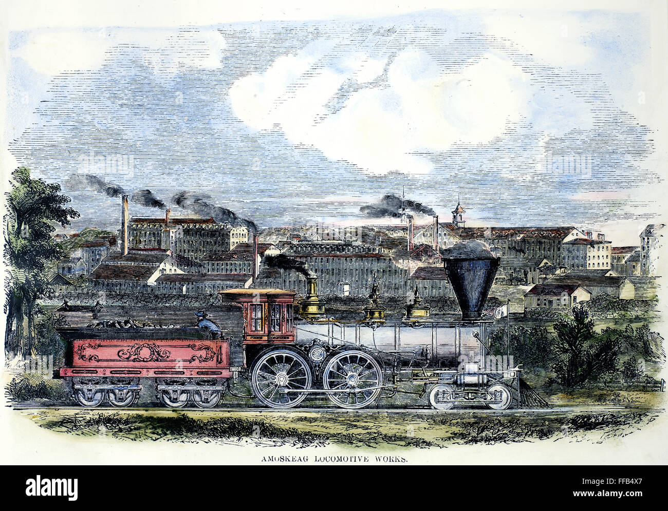 LOCOMOTIVE FACTORY, c1855. /nThe Amoskeag Locomotive Works in New Hampshire. Color engraving, American, c1855. Stock Photo