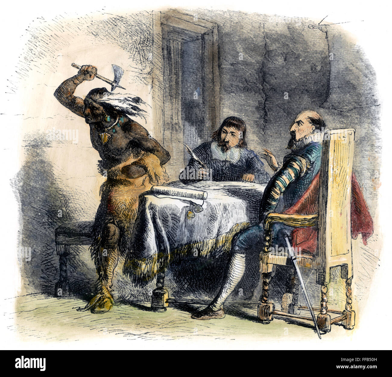 OPECHANCANOUGH /n(c1546-c1646). Native American chief. Opechancanough making a violent gesture during negotiations with Sir Francis Wyatt, colonial Governor of Virginia, c1620. Color engraving, 1877. Stock Photo