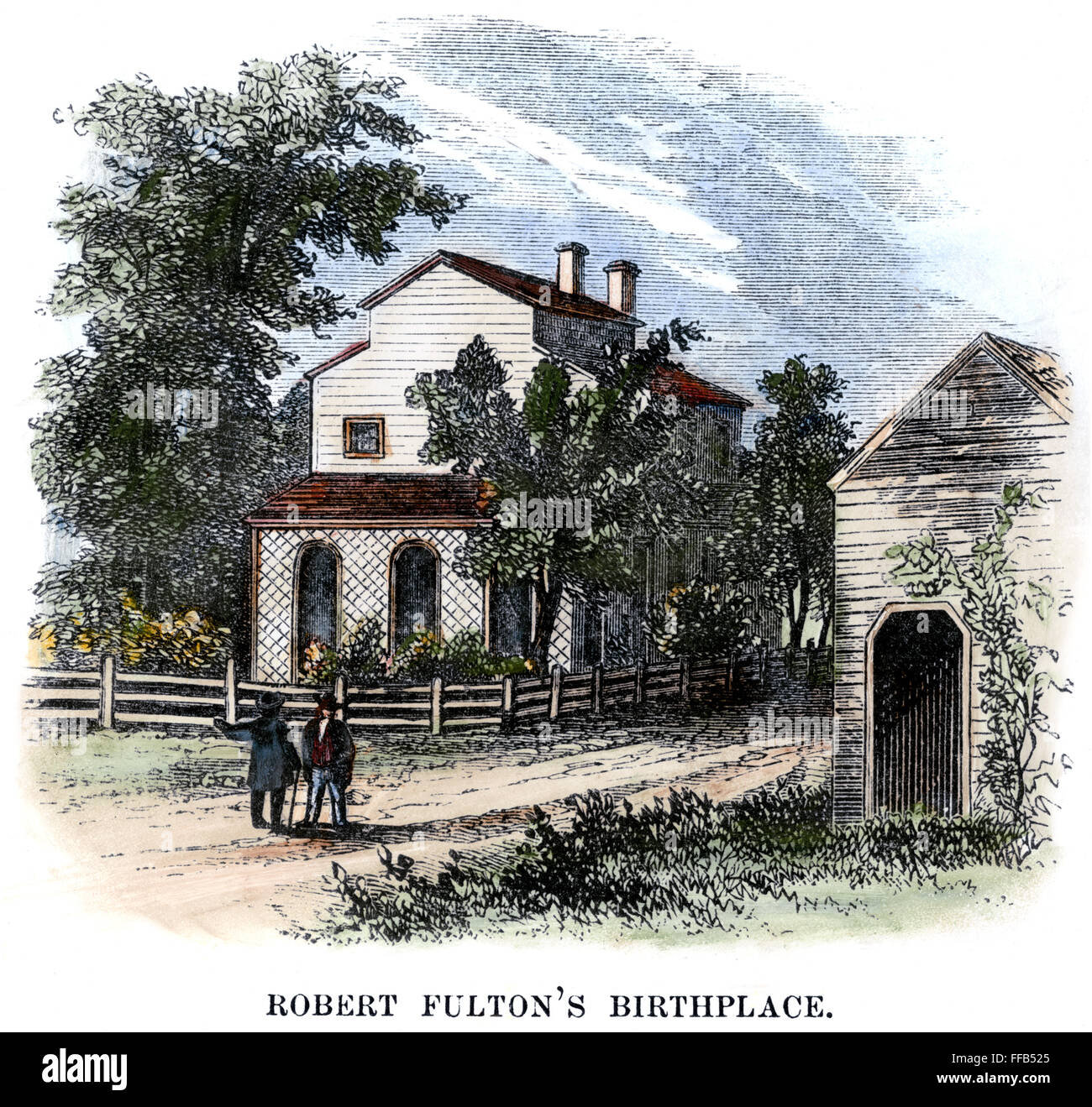 ROBERT FULTON (1765-1815). /nAmerican engineer and inventor. Fulton's birthplace in Little Britain, Lancaster county, Pennsylvania. Color engraving, 19th century. Stock Photo
