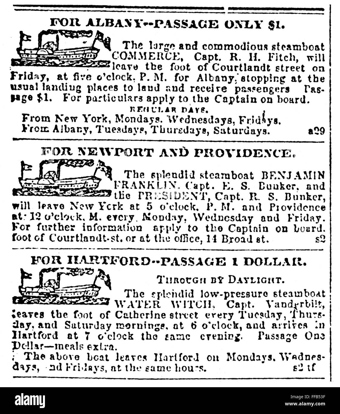 NEW YORK SUN, 1833. /nThree steamboat advertisements for passages to different destinations from