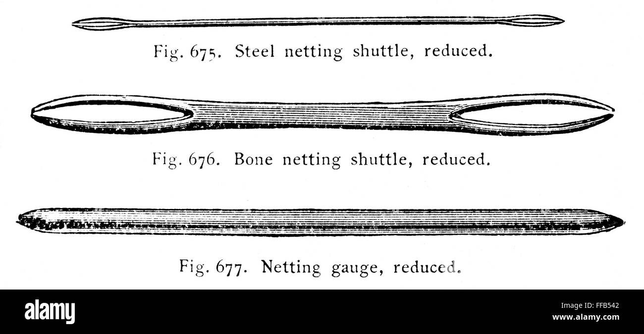 TEXTILE MANUFACTURE. /nShuttles and gauge employed in the making of filet lace, the steel shuttle used for fine work and the bone shuttle for coarse. Stock Photo