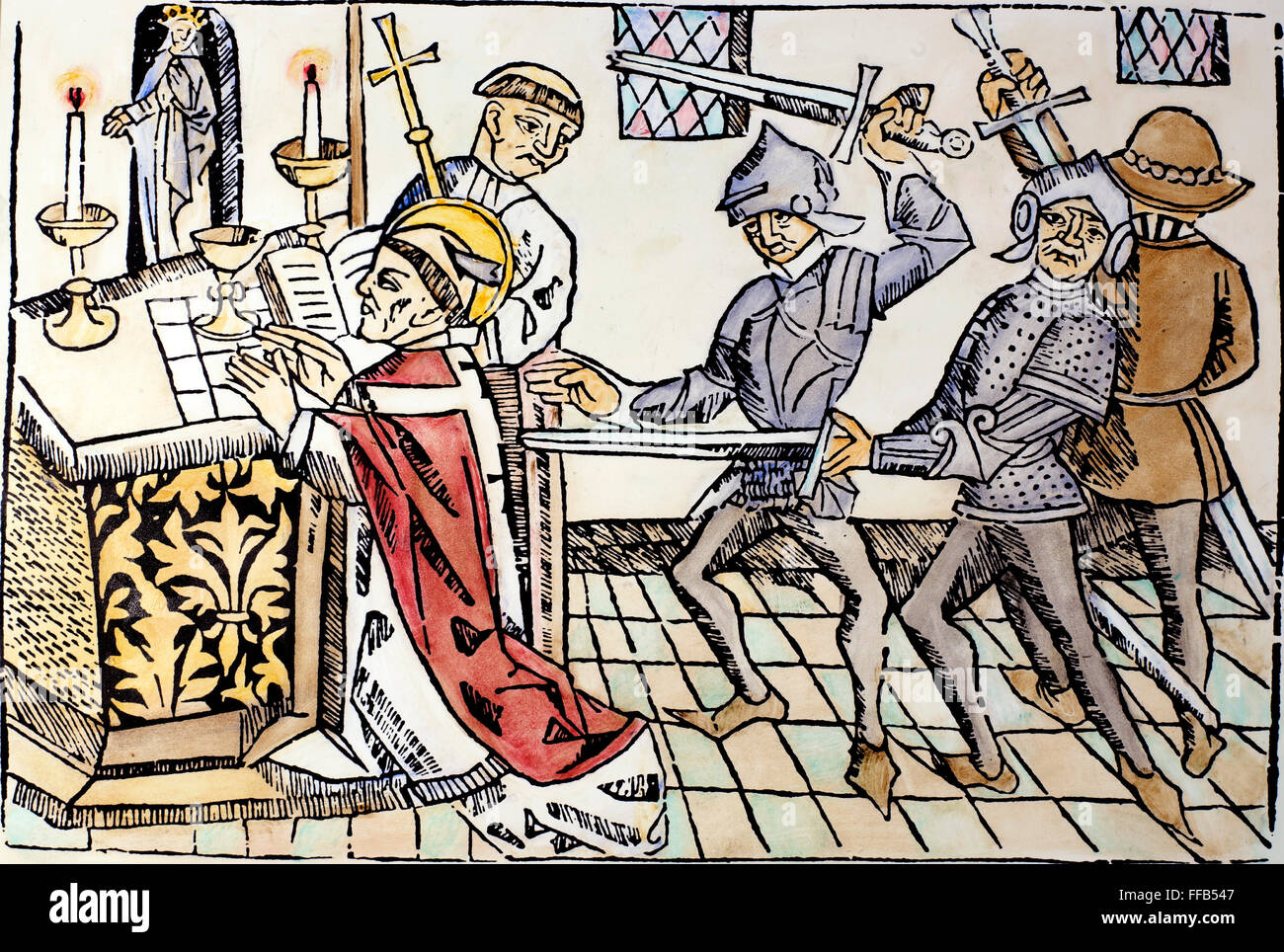 THOMAS A BECKET MURDER. /nThe murder of St. Thomas α Becket at Canterbury Cathedral, 29 December 1170, by knights from the court of King Henry II. Woodcut from William Caxton's edition of the 'Golden Legend,' c1484-85. Stock Photo
