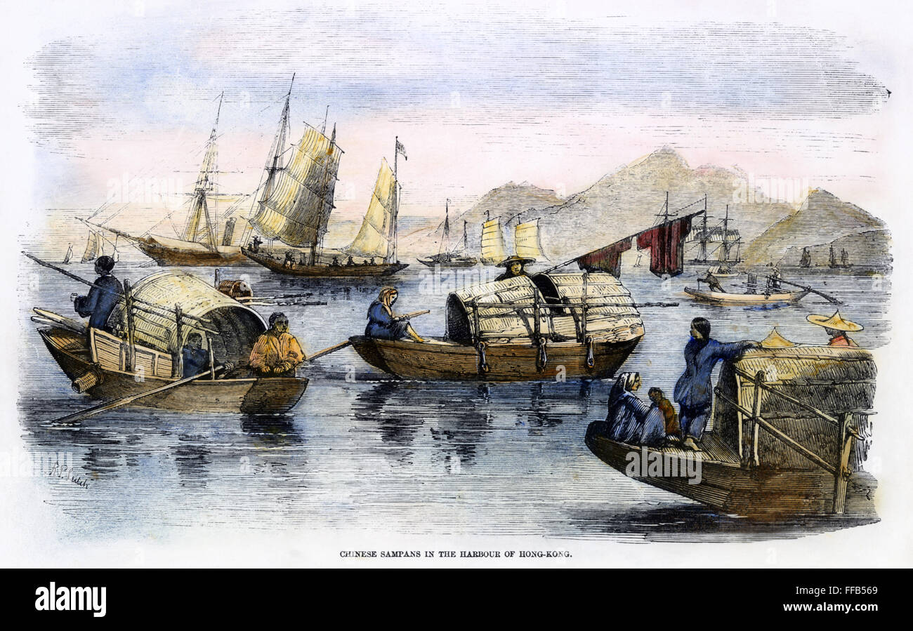 HONG KONG: HARBOR, 1857. /nChinese sampans in the harbor of Hong Kong. Wood engraving, English, 1857. Stock Photo