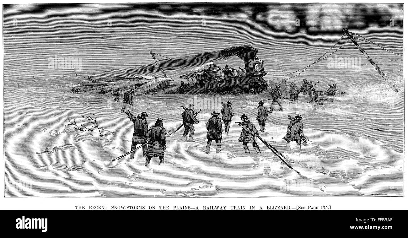 TRAIN IN BLIZZARD, 1884. /nA railroad train caught in a blizzard on the ...