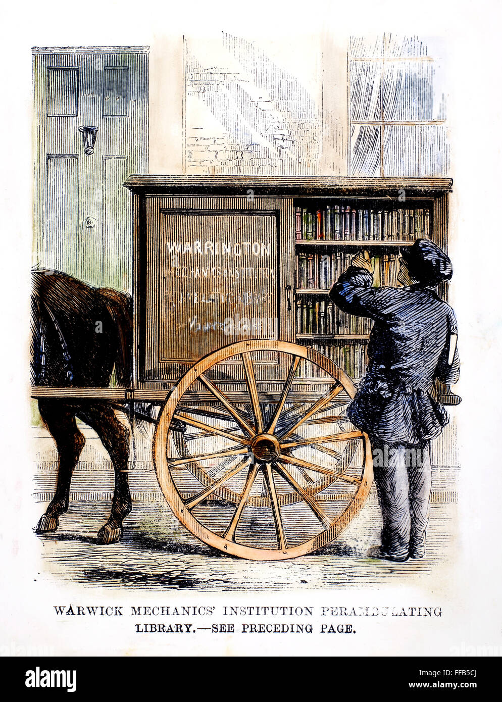 BOOKMOBILE, 1860. /nA 'perambulating' library sponsored by the Warrington Mechanics Institution, Lancashire, England. Wood engraving, English, 1860. Stock Photo