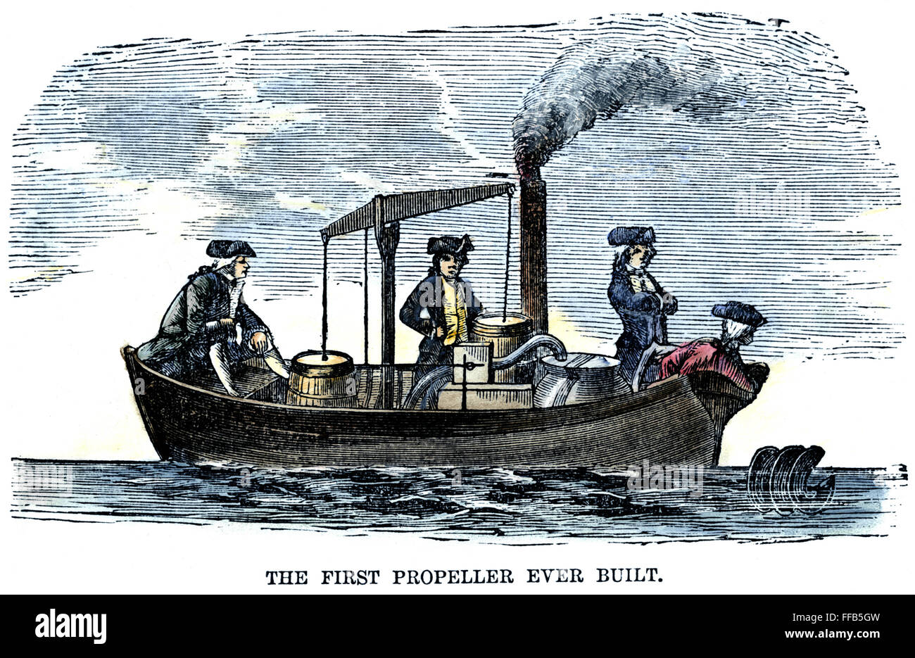FITCH EXPERIMENT, 1796. /nJohn Fitch's experiment with a steam-powered screw propeller on Collect Pond, New York City, 1796. Color engraving, 19th century. Stock Photo