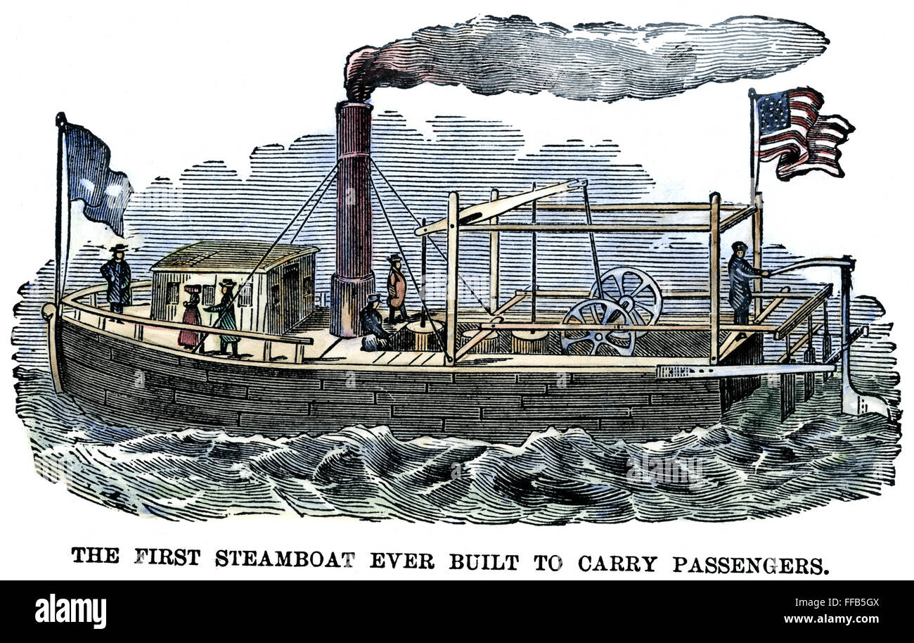 FITCH'S STEAMBOAT, c1790. /nJohn Fitch's third steamboat, the 'Experiment,' which began regular passenger service between Philadelphia and Burlington, New Jersey, in 1790. Color engraving, 19th century. Stock Photo