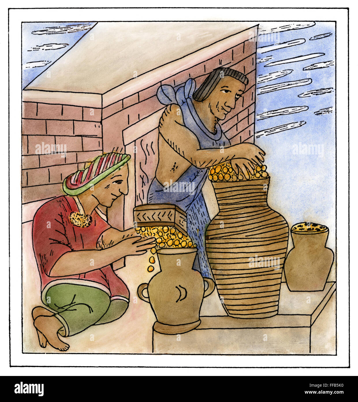 AZTEC FARMERS. /nAztec farmers storing their harvested corn in clay containers. Line drawing