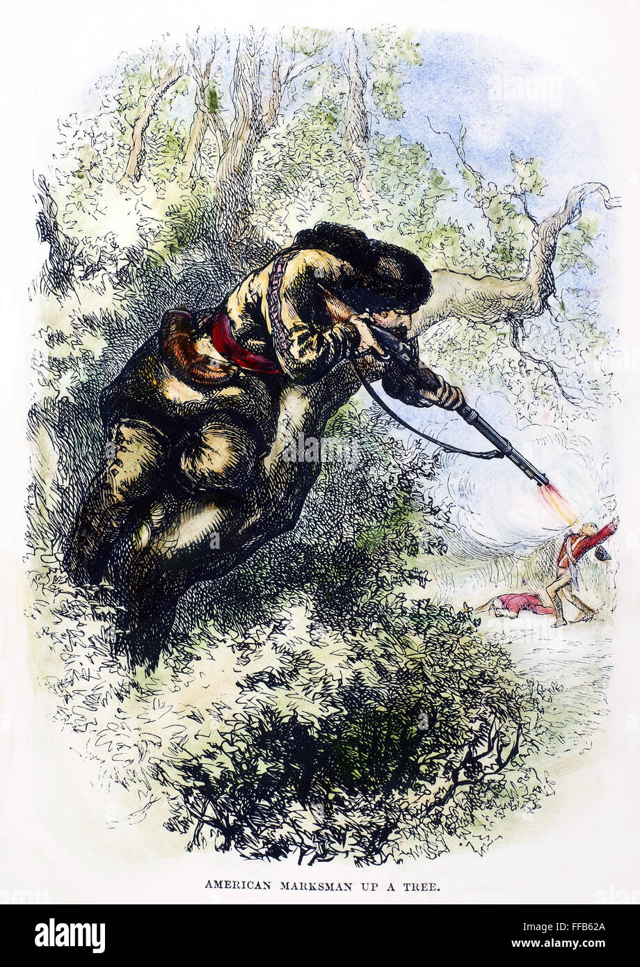 AMERICAN MARKSMAN. /nAn American marksman/nshooting at a British soldier from a tree during the American Revolutionary War. Wood engraving, 19th century. Stock Photo