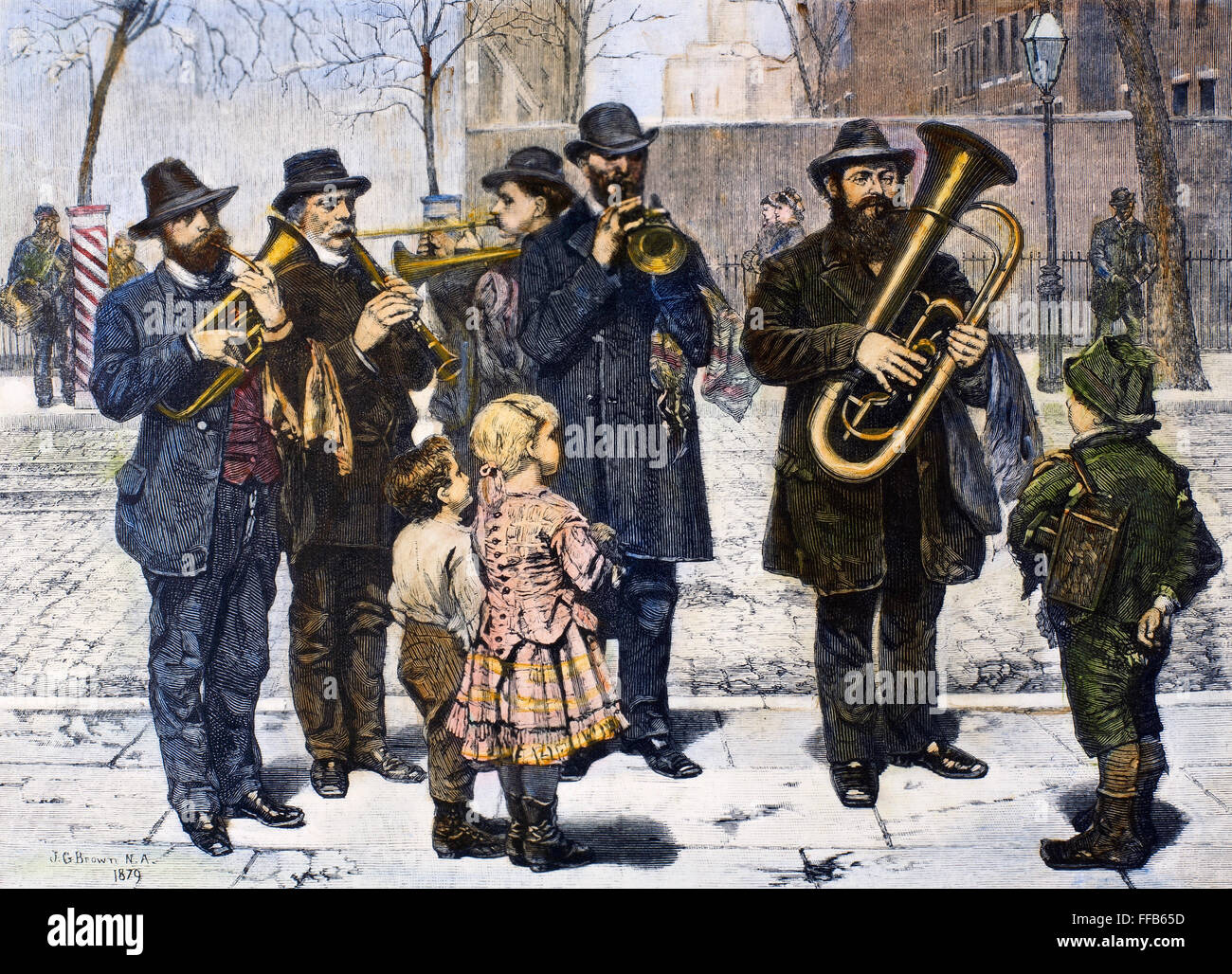 GERMAN STREET BAND, 1879. /nA German street band performing in New York City. Wood engraving, American, 1879, after a painting by John George Brown. Stock Photo