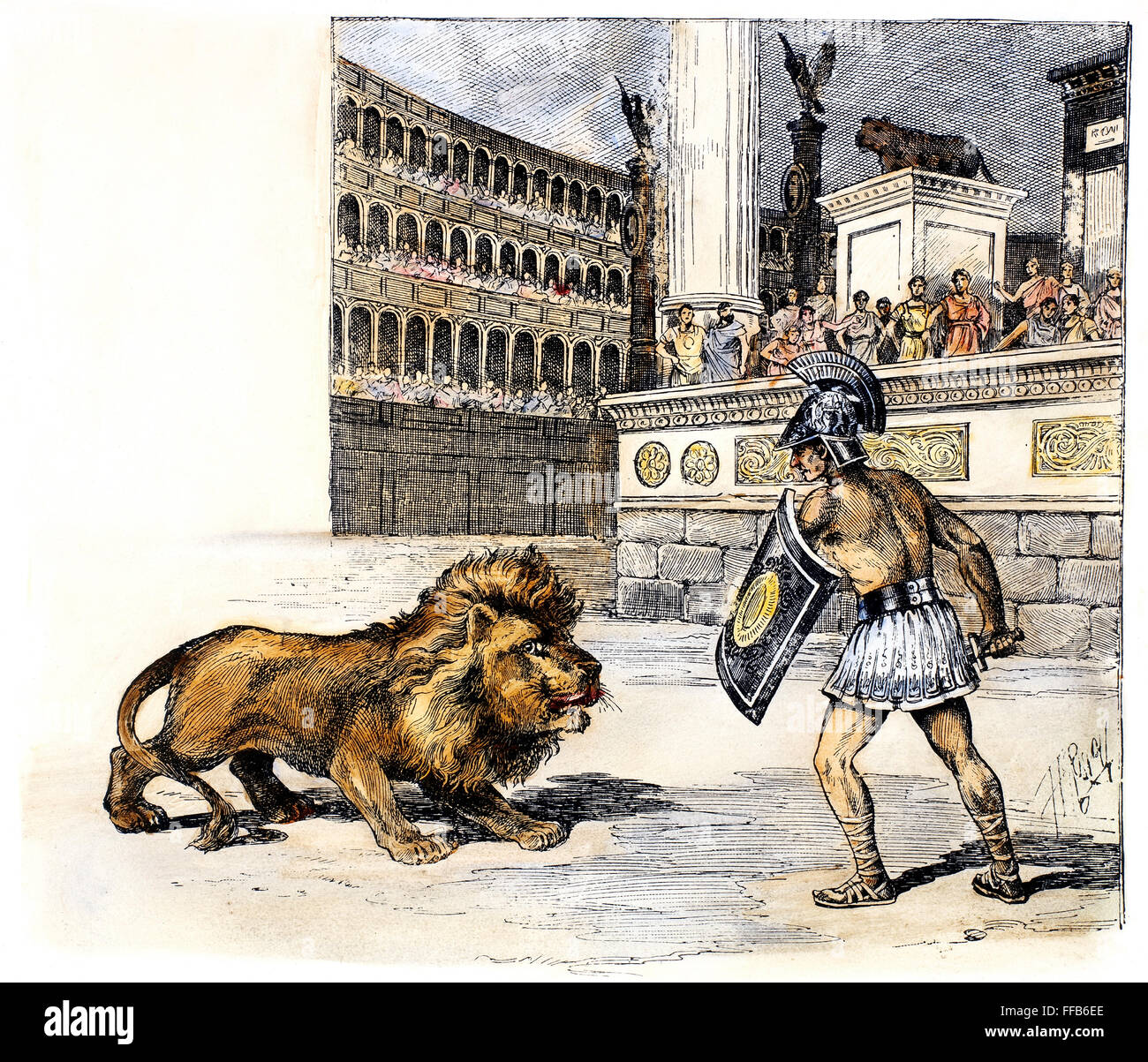 LION & GLADIATOR. /nContest between a lion and a condemned criminal in the arena in ancient Rome. Line engraving, American, 1892. Stock Photo