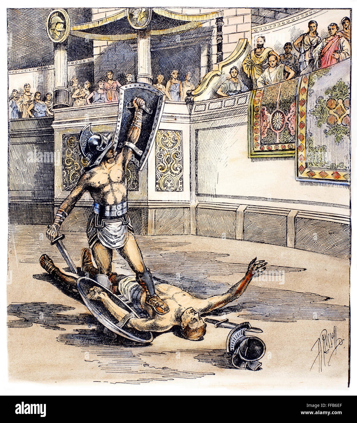 ROMAN GLADIATORS. /nThe conclusion of a duel between gladiators in the arena in ancient Rome. Line engraving, American, 1892. Stock Photo