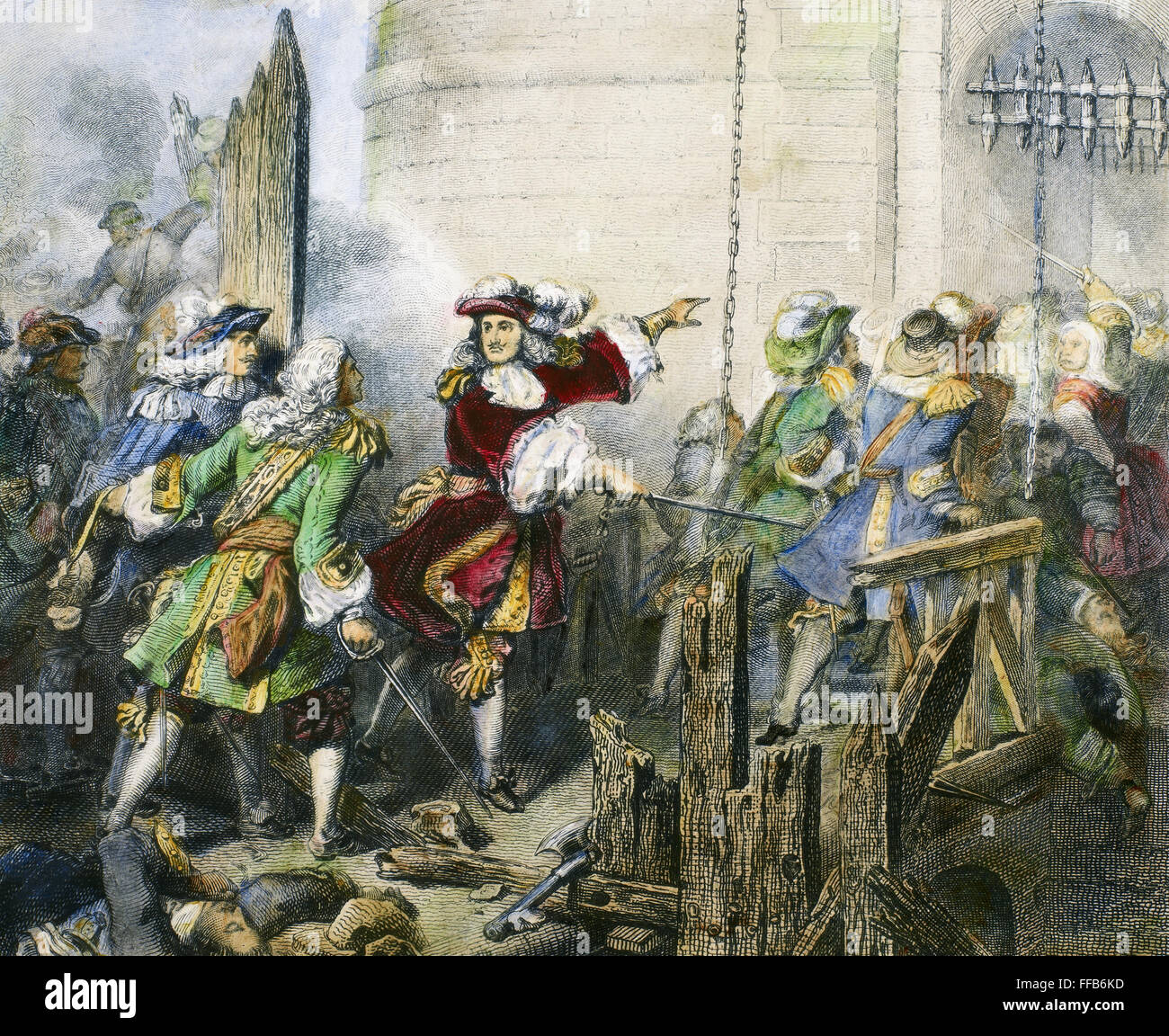 LOUIS XIV (1638-1715). /nKing of France, 1643-1715. Louis XIV leading the assault on the city of Valenciennes, France, 16 March 1677. Engraving and etching, French, 19th century. Stock Photo