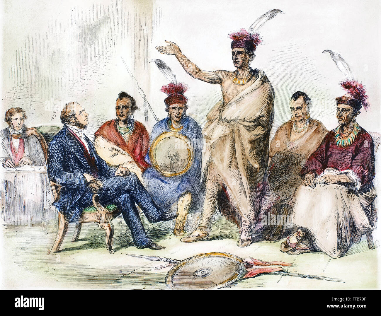 KAW DELEGATION, 1857. /nDelegation of Kansas (Kaw) Native Americans in conference with the Commissioner of Indian Affairs under President James Buchanan, at Washington, D.C., March 1857. Contemporary wood engraving. Stock Photo