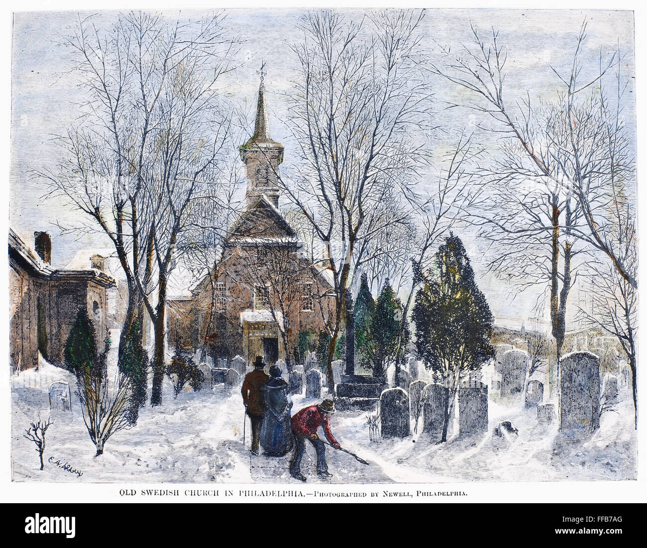 PHILADELPHIA: WINTER, 1873. /nOld Swedish Church, Philadelphia, Pennsylvania. Wood engraving, American, 1873. Stock Photo