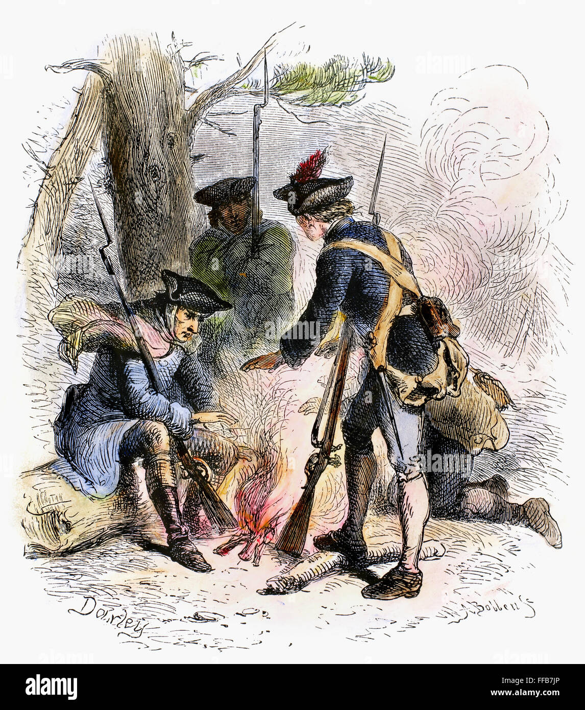 CONTINENTAL SOLDIERS. /nCold and weary soldiers of the Continental Army warming themselves around an open fire during the American Revolution. Wood engraving, 19th century, after Felix O.C. Darley. Stock Photo