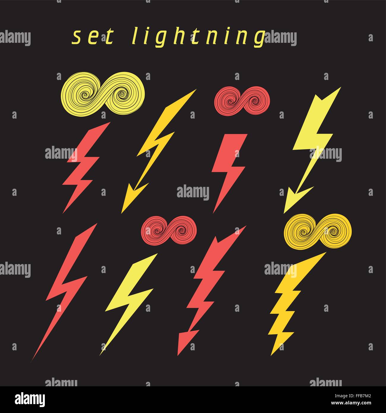 Set of beautiful vector illustration of lightning on a black background ...
