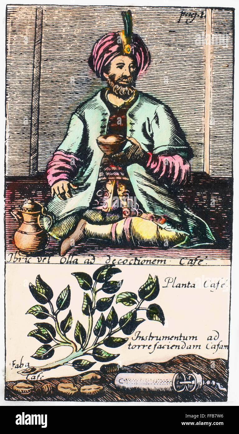 TURKEY: COFFEE, 1688. /nA Turkish man drinking coffee, and, in the lower panel, a Turkish coffee mill lying beside a coffee plant. Line engraving, German, 1688. Stock Photo