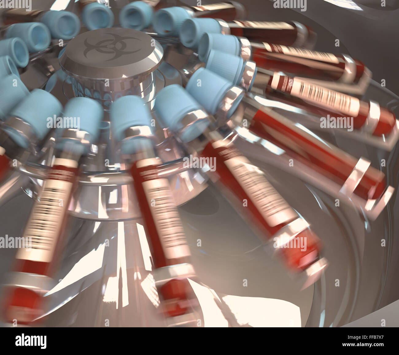 Lab equipment centrifuging blood. Concept image of a blood test. Stock Photo