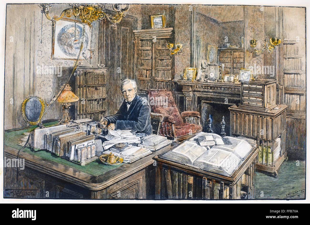 OLIVER WENDELL HOLMES /n(1809-1894). American physician and man of letters. Holmes in his study at his house on Beacon Street, Boston, Massachusetts. Wood engraving, English, 1894. Stock Photo