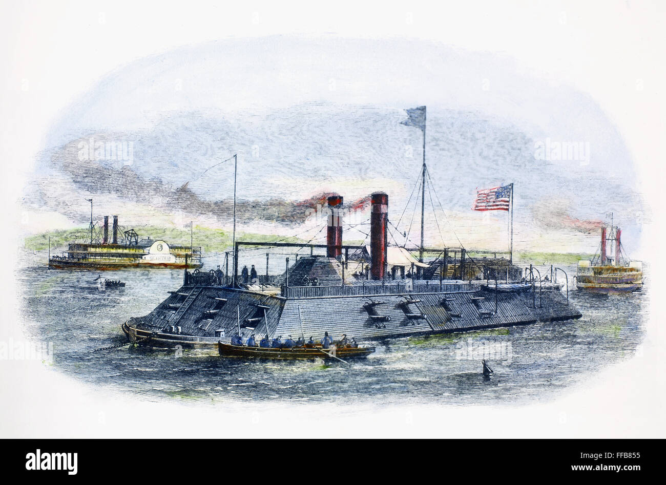 CIVIL WAR: BLOCKADE, 1864. /nA Union gunboat enforcing the blockade of Confederate ports. Wood engraving, English, 1864. Stock Photo