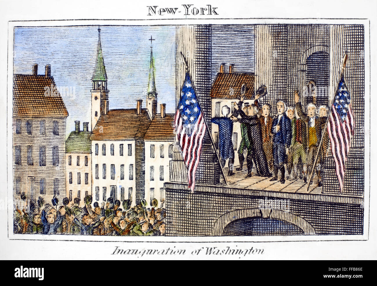 WASHINGTON: INAUGURATION. /nThe inauguration of George Washington as the first President of the United States at Federal Hall, New York, 30 April 1789. Copper engraving, American, 1829. Stock Photo