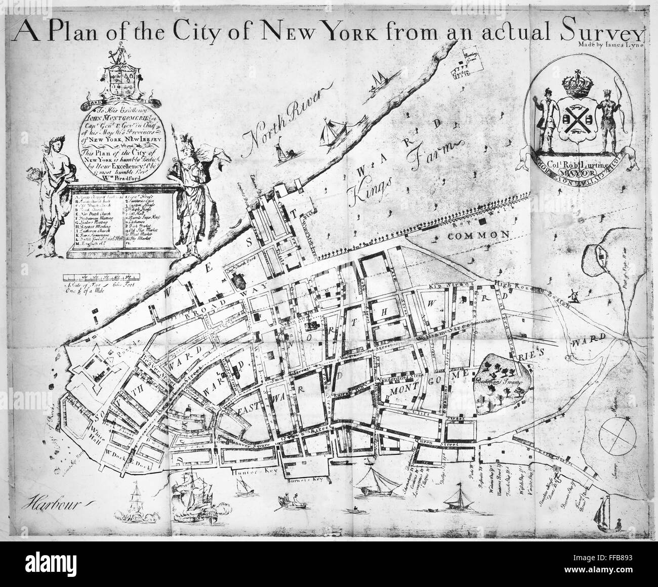 NEW YORK MAP, 1730. /nThe Bradford Map or Lyne Survey of 1730. Line ...