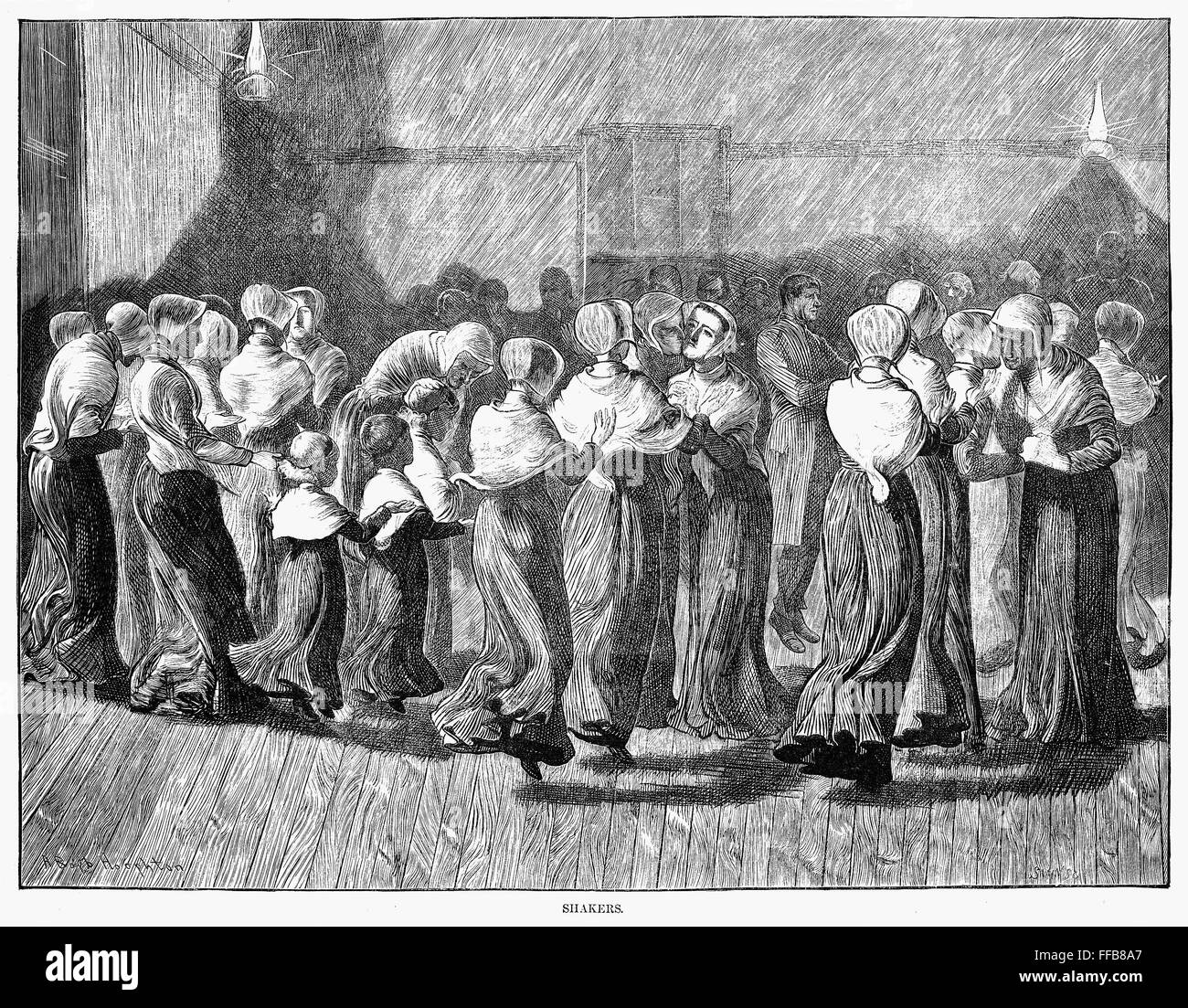 SHAKERS DANCING, 1870. /nWood engraving, 1870. Stock Photo