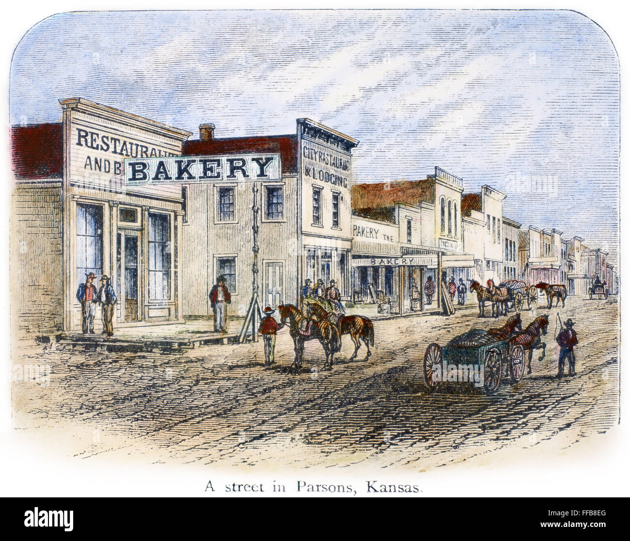 KANSAS: PARSONS, 1875. /nA street in Parsons, Kansas. Wood engraving, 1875. Stock Photo
