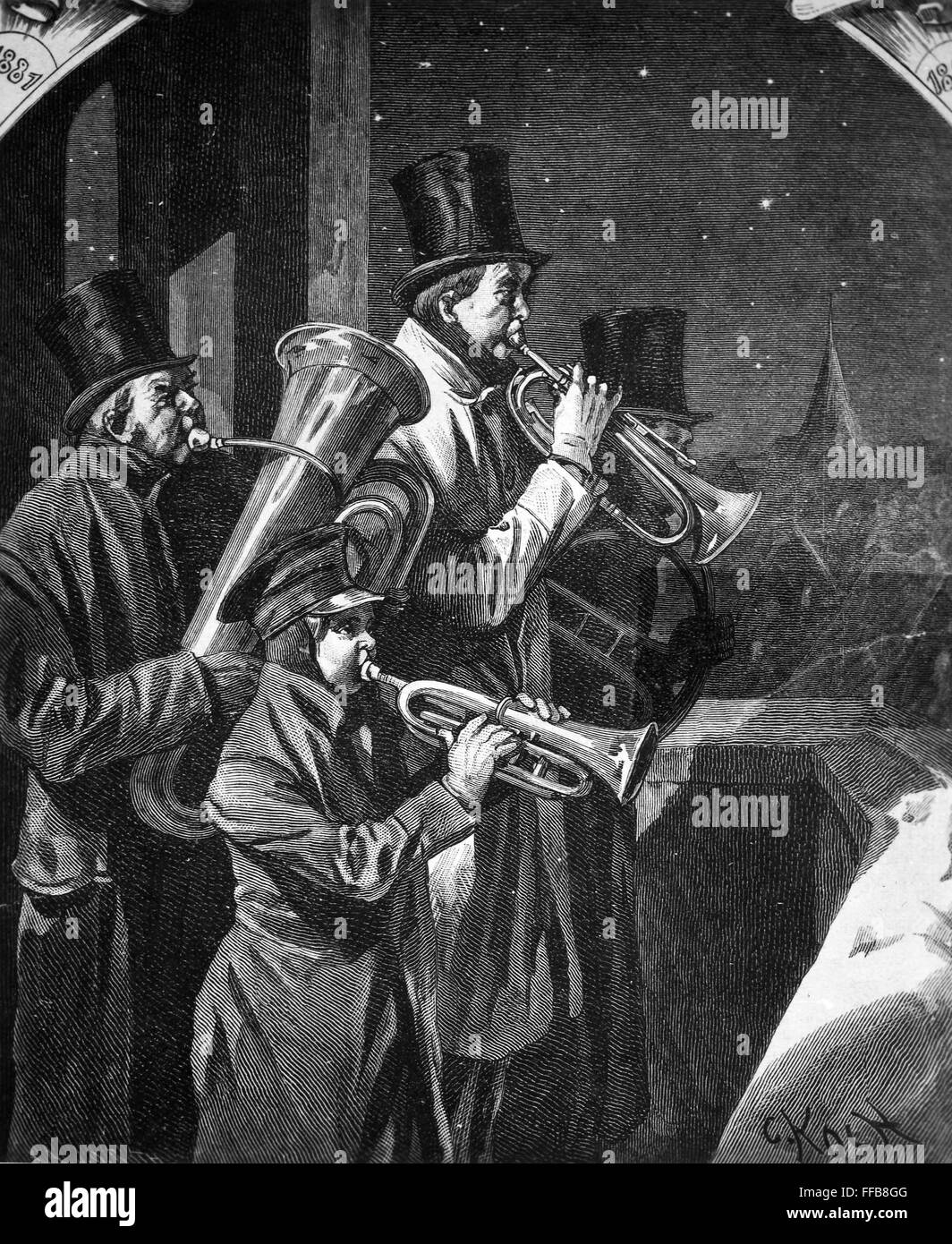 NEW YEAR'S. /nA Brass Band serenading the New Year on a rooftop. Wood engraving, 1882. Stock Photo