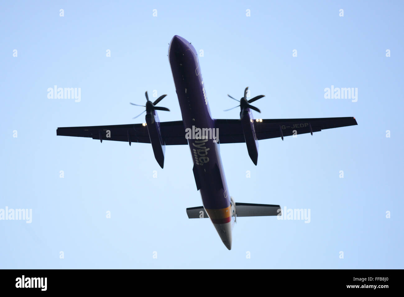 A Flybe aeroplane taking off from Leeds Bradford Airport. Stock Photo