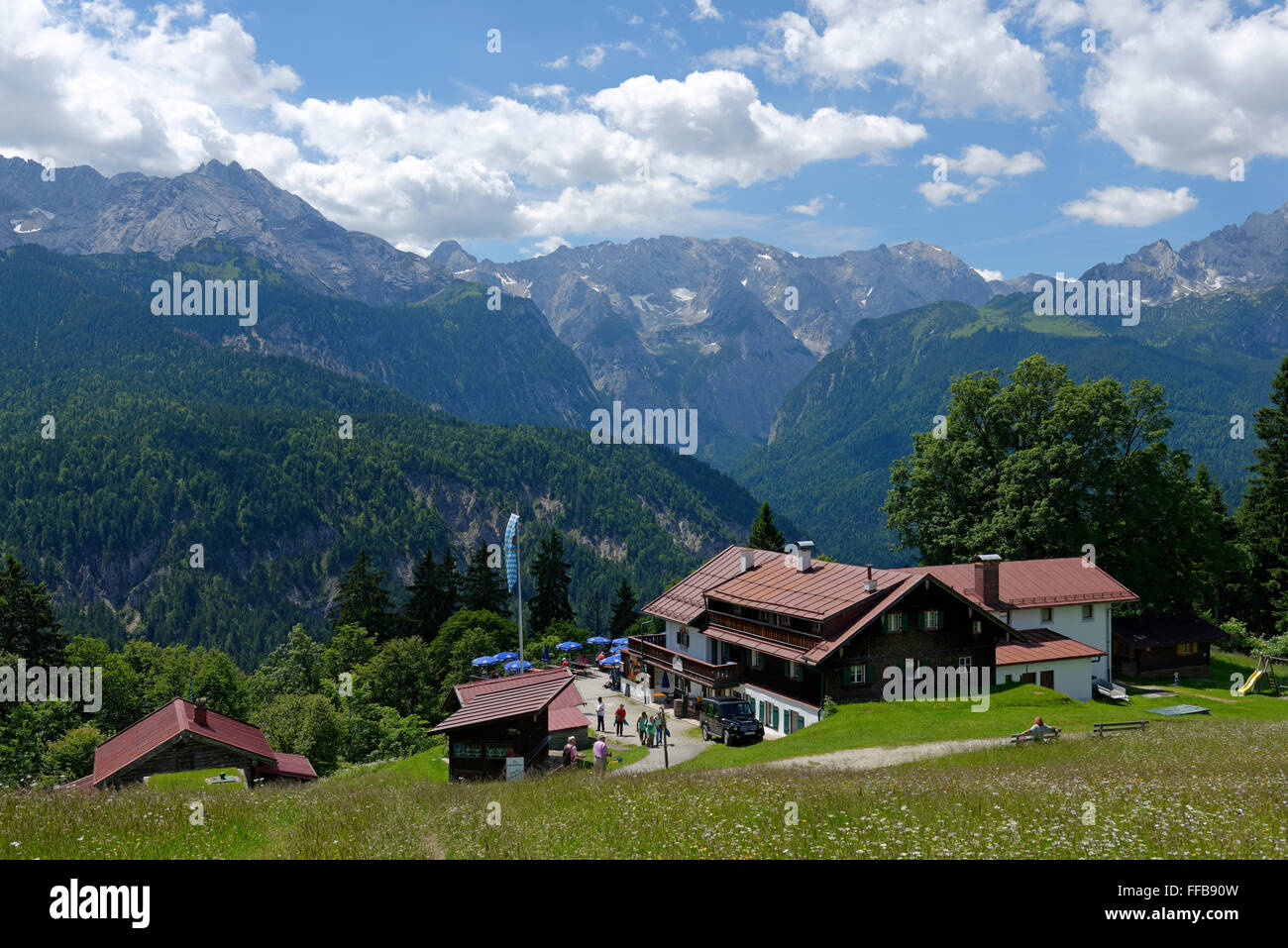 Berggasthaus Eckbauer, mountain guesthouse, Wetterstein, Alpspitze and Zugspitze, Garmisch-Partenkirchen, Werdenfelser Land Stock Photo