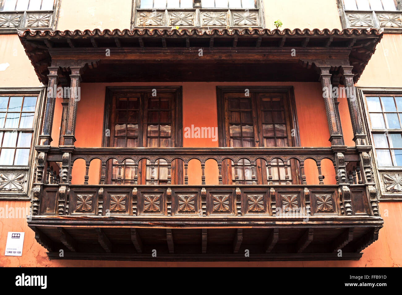 Canarian wooden balcony of a mansion in the historic center of La Orotava, Tenerife, Canary Islands, Spain Stock Photo
