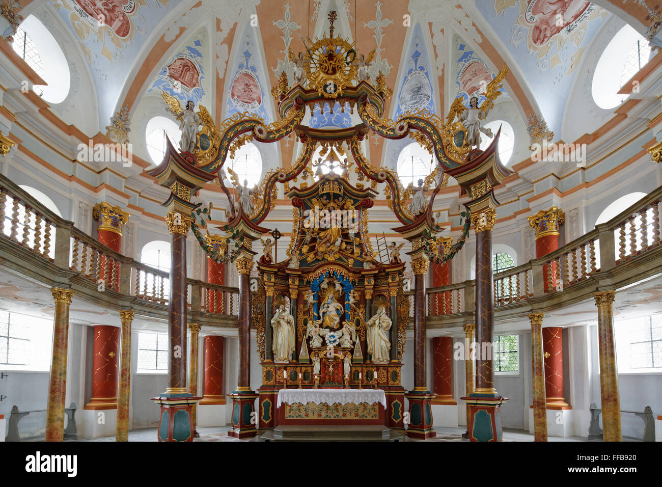 Chancel with high altar, Church St. Johann, Rot an der Rot, Upper Swabia, Swabia, Baden-Württemberg, Germany Stock Photo