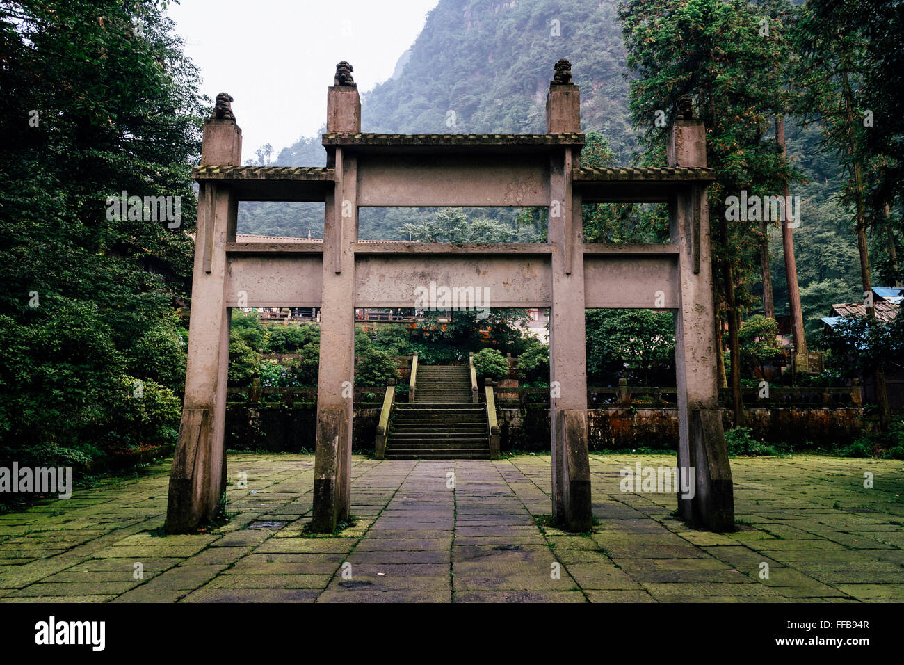 The view of a stone gateway in Emei mountain. Stock Photo
