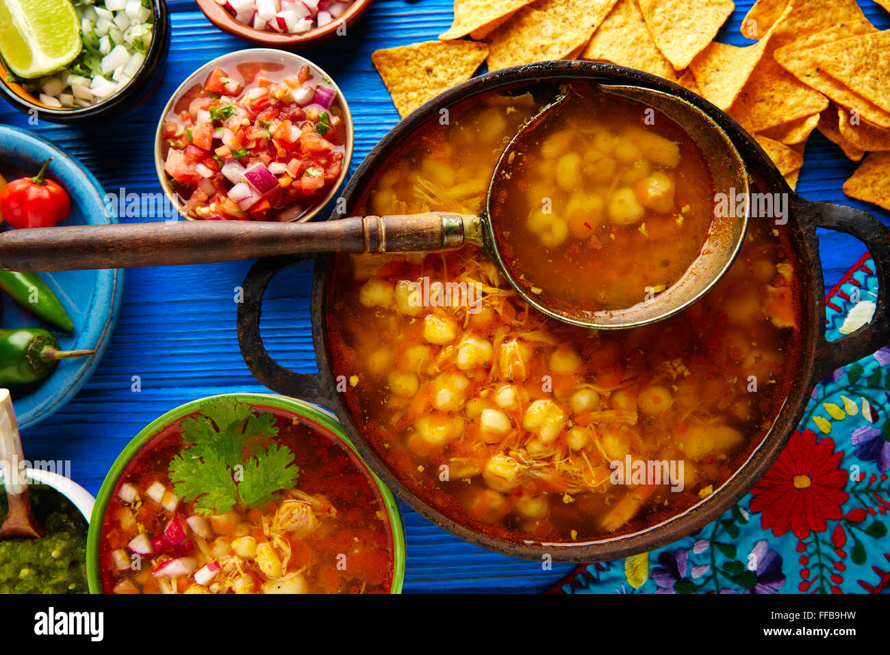 Pozole with mote big corn stew from Mexico with ingredients and appetizer Stock Photo Alamy