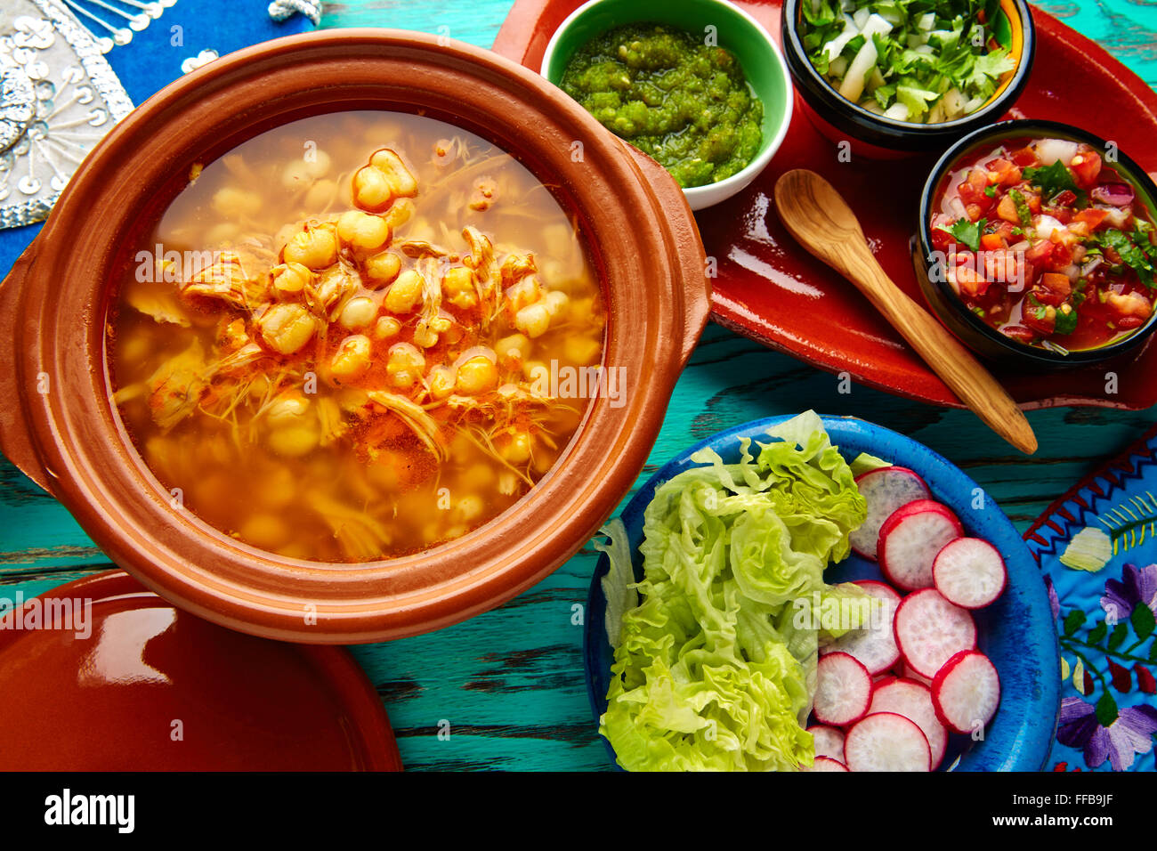 Pozole with mote big corn stew from Mexico with ingredients and appetizer Stock Photo Alamy
