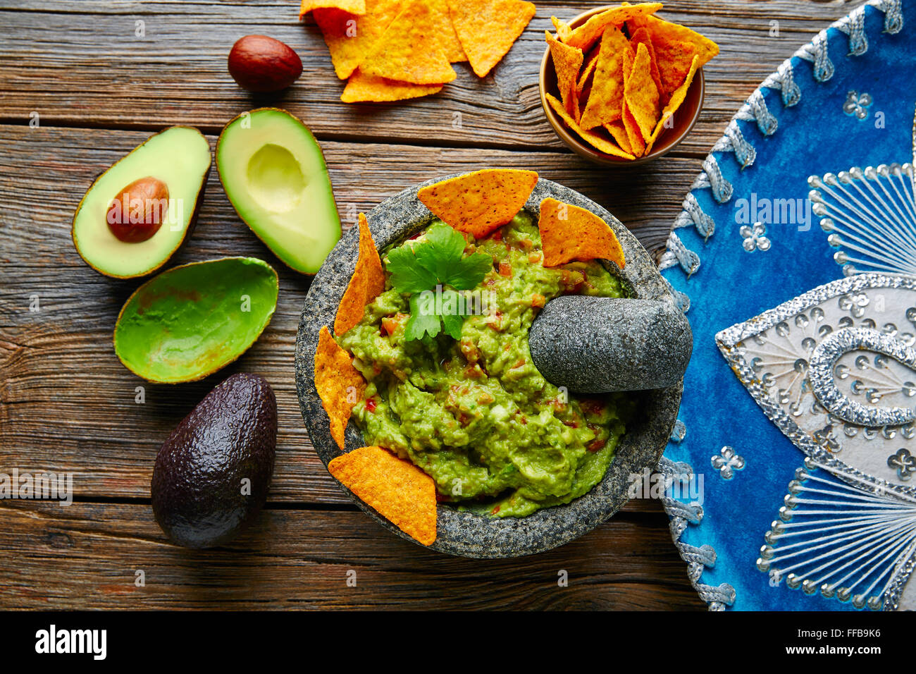 Guacamole with nachos avocado in Mexican molcajete and Sombrero hat