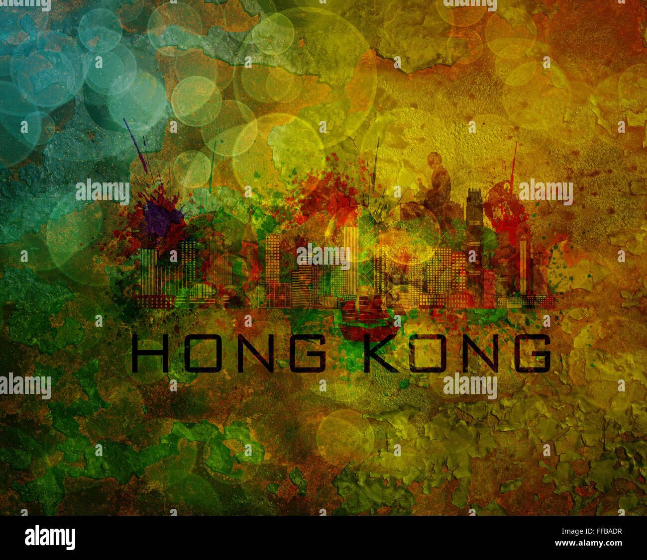 Hong Kong City Skyline with Paint Splatter Abstract onn Grunge Texture ...